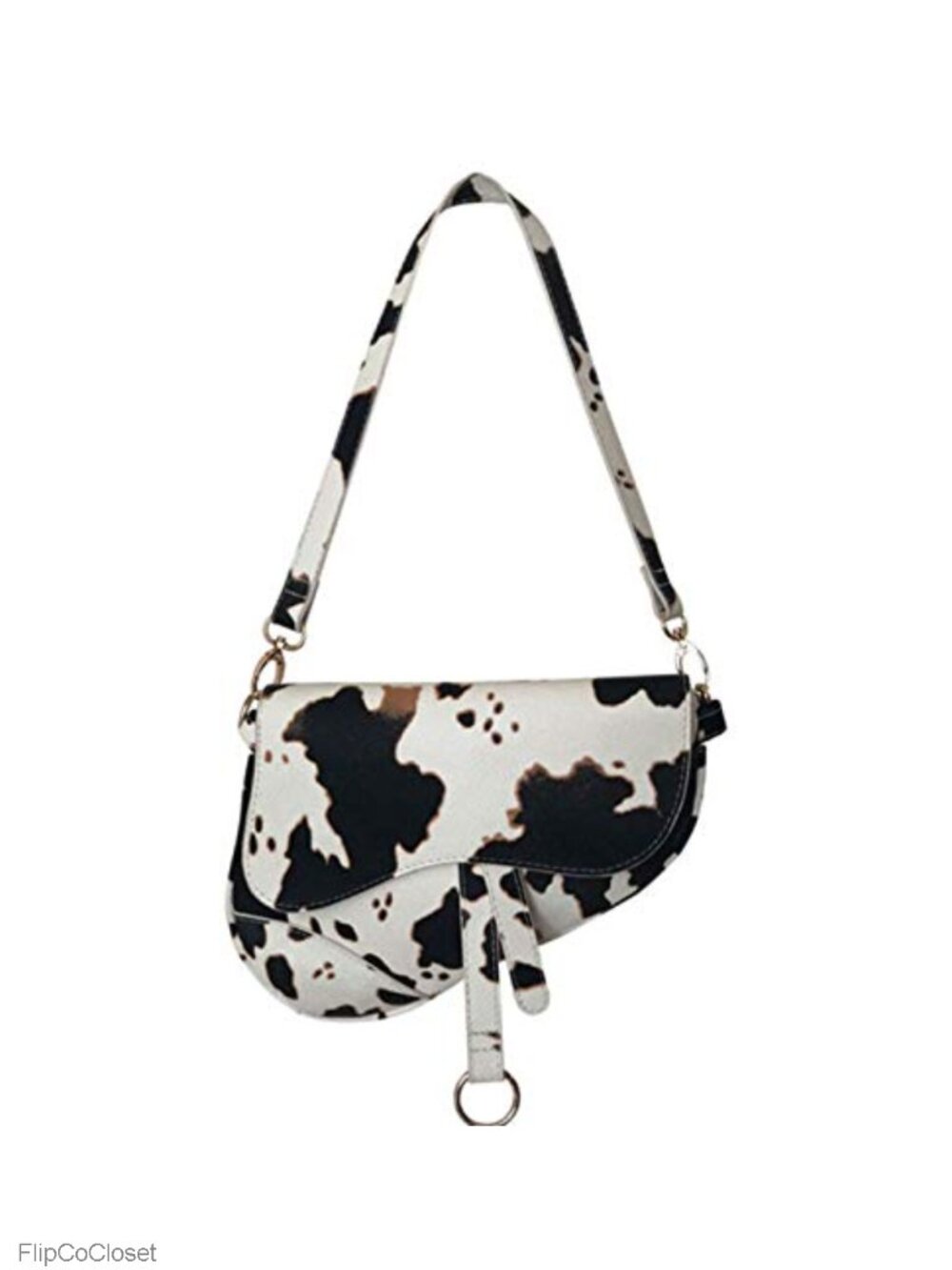 Faux Leather Cow Print Saddle Bag with Zipper